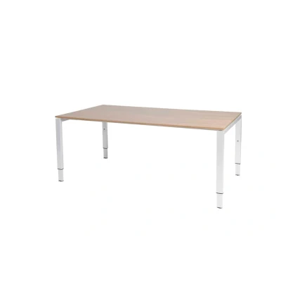 Afbeelding van Domino vergadertafel, hoogte instelbaar (62 85cm) met 180x100cm &#039;zwevend&#039; havana/ kersen licht 25mm blad en wit (RAL9010) N poot frame