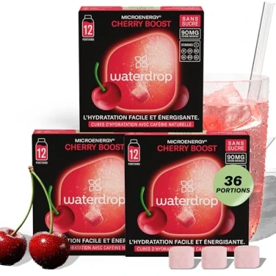Image de waterdrop® Coffret Microenergy, Boisson Énergisante Sans Sucre, à la Cerise, 36 Cubes Effervescents avec 90 mg de Caféine Naturelle, Vitamines B et C