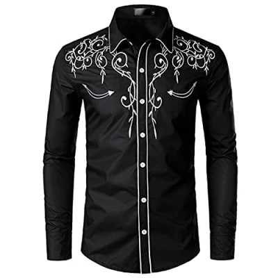 Afbeelding van NW Cowboyhemd voor heren, slim fit, borduurwerk, lange mouwen, cowboyhemd, zwart.