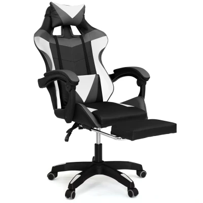 Image de Fauteuil gamer réglable, inclinable avec repose pied et coussins noir, blanc gris IDMarket