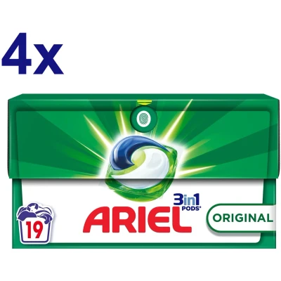 Afbeelding van Ariel 3 in 1 Pods vloeibaar wasmiddel capsules, 76 wasbeurten (4 x 19 tabletten), origineel, verwijdert hardnekkige vlekken, ook na 7 dagen, korte en koude cyclus, gemaakt Frankrijk