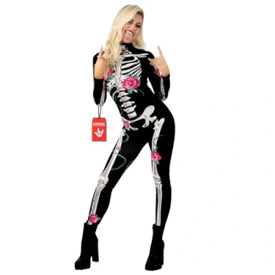 Afbeelding van Morph Skeletkostuum voor dames, Halloween kostuum skelet, skeletkostuum, overall bloemen, kostuum, maat XL