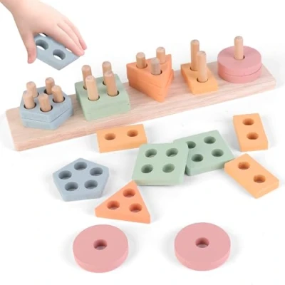 Afbeelding van SUPERBE BEBE Montessori houten speelgoed om te stapelen en sorteren voor baby&#039;s kinderen van 3 jaar, activiteit ontwikkeling hout, pastelkleuren, educatieve spelletjes