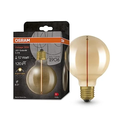 Afbeelding van OSRAM Vintage 1906® Classic Globe95 LED draadlamp, E27, bolvorm, goud, 2,2 W, 120 lm, 2700 K, warm wit licht, zeer laag stroomverbruik, lange levensduur, magnetisch filament