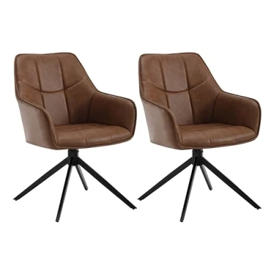 Afbeelding van WOLTU EZS10hbr 2 Set van draaibare eetkamerstoelen met armleuningen, vintage kunstleer, metalen poten, lichtbruin