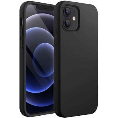 Afbeelding van Jetech Silicone hoes voor iPhone 12/12 Pro 6,1 inch, volledige hoesbescherming, zijdezacht gevoel, schokbestendige met zachte voering in microvezelstof (zwart)