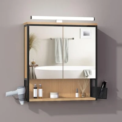 Afbeelding van EUGAD Badkamerkast met spiegel, verstelbare plank, MDF metalen mand, zwart + licht eiken