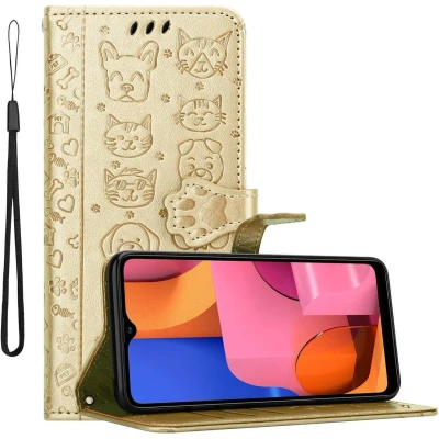 Afbeelding van Cadorabo Hoesje geschikt voor Samsung Galaxy A20s in SHINY GOUD Beschermhoes honden en katten met standfunctie kaartsleuven Book Case Cover Etui