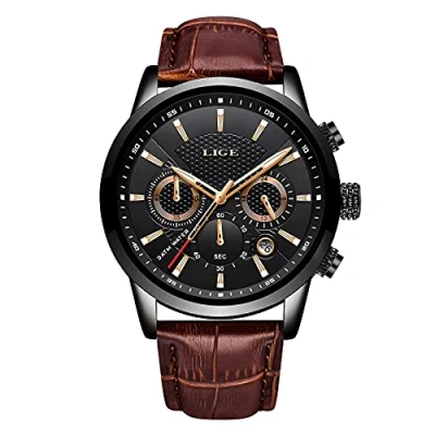Afbeelding van Modieuze herenhorloges van Lige, roestvrij staal, analoge quartz, sport, chronograaf, witte wijzerplaat, klassieke lederen horlogeband., Zwart/Bruin, armband