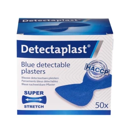 Image de pansement bleu detectable Detectaplast Elastic, pansements flexibles, safety first cuisine et alimentaire, 68 x 38 mm (papillon), 50 pièces