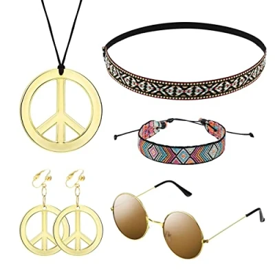 Afbeelding van MIVAIUN 5 stuks hippiekostuum accessoires voor dames, jaren 60 en 70 kostuumaccessoires, zonnebril, halsketting met vredesteken, oorbellen, boho armband, hoofdband