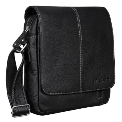 Afbeelding van STILORD &#039;Matt&#039; Leren tas voor heren, klein, vintage, schoudertas, boodschappentas, echt leer, kleur: zwart