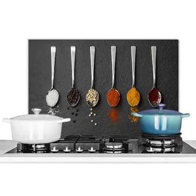 Afbeelding van KitchenYeah© Achtergrond voor afzuigkap, 70 x 50 cm, aluminium, spatbescherming, keuken, wanddecoratie, kookplaat, anti spat, specerijen, lepels tafel rustiek kruiden