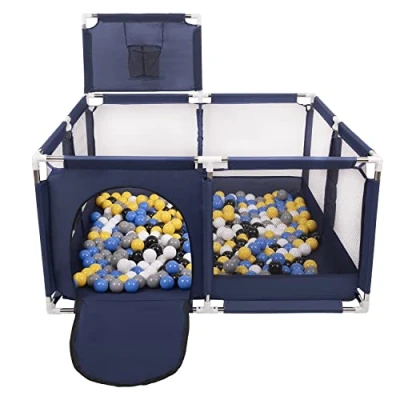Afbeelding van Selonis kinderbox met mand en 400 ballen, blauw:zwart/wit/grijs/blauw/geel