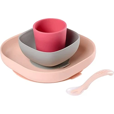 Afbeelding van BÉABA, Serviesset van siliconen voor baby&#039;s, met zuignap, antislip, 4 delig, bord + kom glas lepel, gezonde en duurzame siliconen, vaatwasmachinebestendig, magnetronbestendig, roze