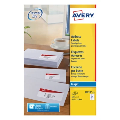 Image de Avery J8159 25 étiquettes d&#039;adresse A4 63,5 x 33,9 mm (600 étiquettes) blanc