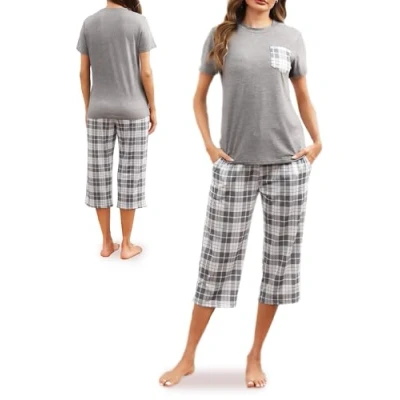 Afbeelding van Damespyjamaset, winterpyjama voor dames, katoenen pyjama korte mouwen en 3/4 broek, geruit, 2 delig, nachtkleding, herfst, comfort, grijs., S