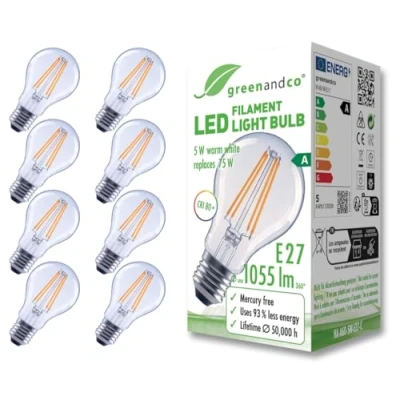 Afbeelding van greenandco 8 x transparante led filamentlampen, E27 A60, 5 W, 1055 lm, vervangt 75 2700 K, warmwit, 320 graden, 230 V, flikkervrij, energieklasse A, niet dimbaar