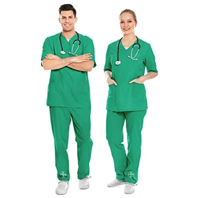 Afbeelding van AIESI® Medisch uniform voor heren en dames, van 100% voorgekrompen katoen, broek bovendeel met V hals, maat XXXL groen, Groen
