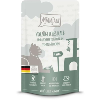 Afbeelding van 12x125g MjAMjAM Quetschie Kalf &amp; Kalkoen nat kattenvoer