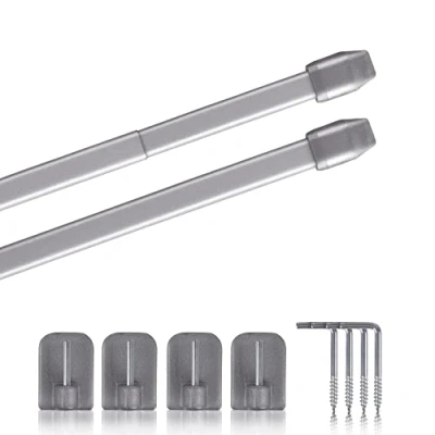 Afbeelding van Vitragestangen, set van 2, uittrekbaar, 2 gordijnroedes met zelfklevende haken, bevestiging zonder boren, (kleur: zilver, afmetingen: 60 90 cm).