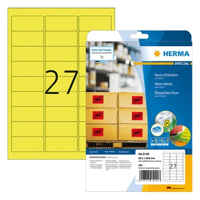 Image de Herma Special 5140 étiquettes fluo adhésives permanentes A4 63,5 x 29,6 mm (540 étiquettes) jaune