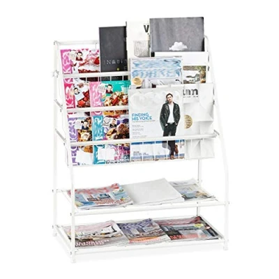 Afbeelding van Relaxdays Tijdschriftenrek, HLP: 81 x 67 37 cm, metalen tijdschriftenstandaard, voor op de vloer, woonkamer, slaapkamer, wit