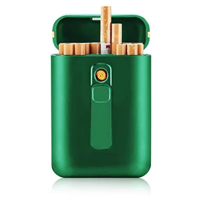 Afbeelding van SANSH Sigarettenetui met aansteker, 20 gewone sigaretten, draagbaar, 2 in 1, vlamloos oplaadbaar, winddicht, elektrische aansteker (groen)