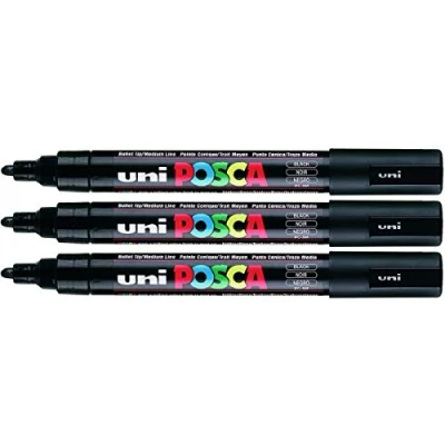 Afbeelding van Posca PC 5M Lot de 3 marqueurs peinture à pointe ogive moyenne 2,5 mm pour écrire sur toutes les surfaces en verre, bois, métal, plastique, tissu Noir