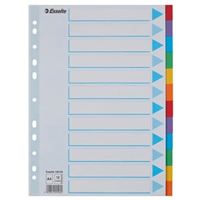 Afbeelding van Esselte A4 verdelers 12 sleutels, blauw/veelkleurig, duurzaam gerecycled karton, tabbladen met inhoudsopgave, 100194