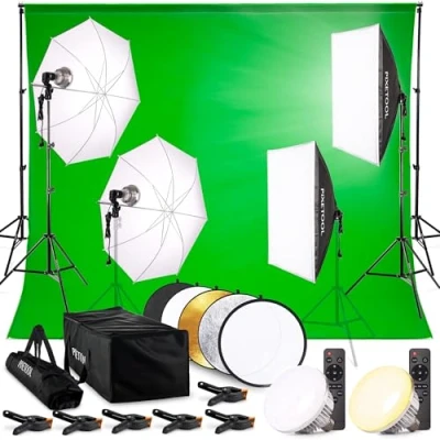 Afbeelding van Pixetool Green screen 3 x 3M met Achtergrondsysteem 2,6 Fotostudio Set Greenscreen Inclusief, Softbox, Paraplu’s, Lamphouders, LED lampen, Reflectiescherm &amp; Draagtas