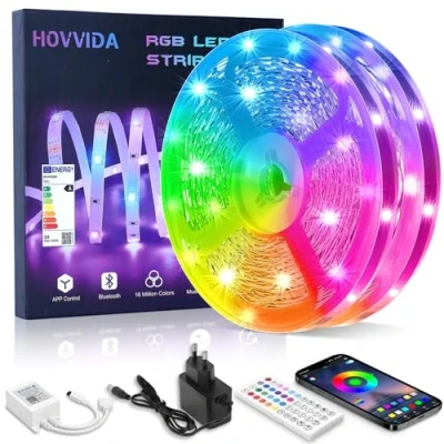 Image de HOVVIDA Bande LED 30 m, 2 x 15 RVB 5050, 900 LED, LED/mètre Application et Télécommande, Mode Musique Minuterie Pour Chambre, Salon, Cuisine, Bar, Fête