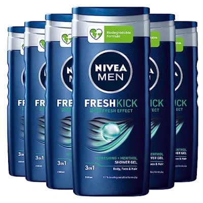 Afbeelding van Nivea Men Fresh Kick 3 in 1 douchegel voor mannen, multifunctionele shampoo, biologisch afbreekbare formule, verkoelend effect met menthol, 24 uur langdurige frisheid, 6
