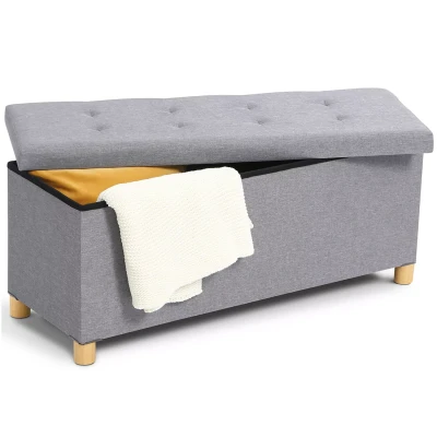 Image de Banc coffre rangement sur pied 100 cm tissu gris clair