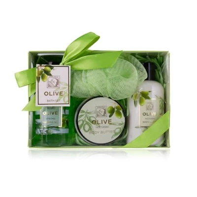 Afbeelding van Accentra Olive doucheset voor dames in mooie geschenkdoos, 4 delige verzorgingsset met douchegel, bodylotion, lichaamsboter en mesh spons, feel good geschenkdoos
