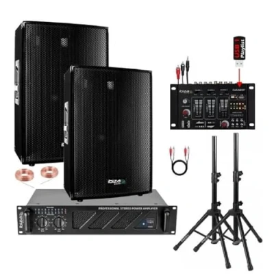 Afbeelding van Ibiza Sound DJ geluidsinstallatie met 2 luidsprekers 1200 W totaal Sono versterker 960 DJM USB mixer gratis kabels PA Mix Bar Club Disco Fetes Room