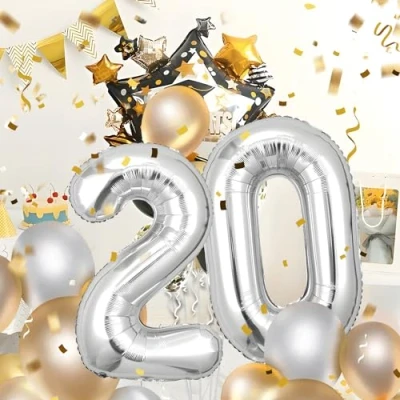 Afbeelding van Ballonnen verjaardag 20, zilver, 100 cm, ballon cijfer nummer Happy Birthday decoratie, ballonnen, verjaardagsfeest, jaren vliegen dankzij helium 20