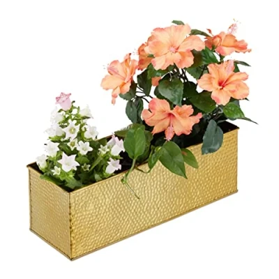 Afbeelding van Relaxdays bloembak, pot, kruidenplanten, metaal, rechthoekige goudkleurig, ijzer, goud, 13,5 x 40 12,5 cm