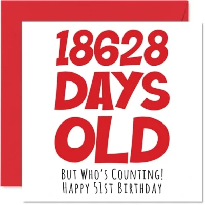 Afbeelding van Stuff4 verjaardagskaart 51 jaar voor mannen en vrouwen 18628 dagen grappige volwassenen 50 broer, zus, zoon, dochter, moeder, vader, 145 mm x
