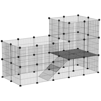 Afbeelding van PawHut Enclos pour petits animaux, avec 39 panneaux, rampe, bricolage, en métal, ouvert, noir, 140 x 70 105 cm