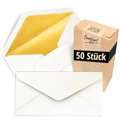Afbeelding van Japun enveloppen (50 stuks), envelop, envelop zonder venster DIN lang 220 x 110 mm binnenkant: goud papierkleur: wit