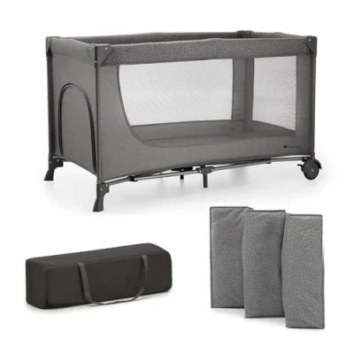Image de Kinderkraft Joy Lot de 2 berceaux voyage 3 en 1 pour bébé jusqu&#039;à 25 kg, pliage rapide et facile, étagères couches matelas à langer, gris