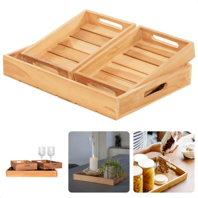 Afbeelding van Cheqo® 3 delige Set Houten Dienbladen Dienblad Ontbijt op Bed Decoratief Kaarsenplateau