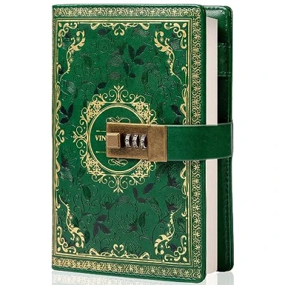 Afbeelding van Vintage lederen notitieboek met cijferslot, geheim dagboek, bloemenpatroon, reliëf, gelinieerd papier om te schrijven, cadeau voor vrouwen, meisjes, kinderen (groen)