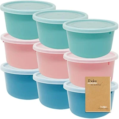 Afbeelding van Codil Set van voedselveilige kunststof containers, rond, herbruikbaar, BPA vrij, met deksel, voor vaatwasser magnetron en vriezer (roze groen blauw, 9 x 0,6 l)