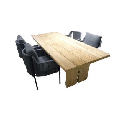 Afbeelding van Tuinset Zen tafel teak 240x100 cm met 4 stoelen Umi stoel kussen black, rope dark grey grey, green Yoi