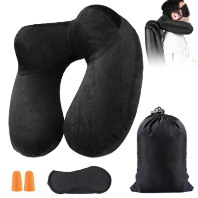 Afbeelding van Opblaasbaar, reiskussen, reiskussen met slaapmasker + oordopjes draagtas, super licht en draagbaar, ideaal voor vliegtuigstoel, auto, huis, kantoor, zwart