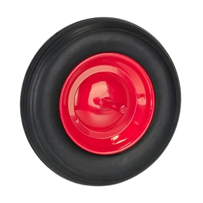 Afbeelding van kruiwagenwiel 3.50 8 massief rubber stalen velg met as tot 100 kg zwart rood