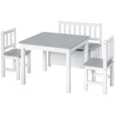 Afbeelding van HOMCOM Tafel en stoelen voor kinderen, 4 delige set, tafel, 2 stoelen, bankkist in 1, MDF grenen, wit/grijs