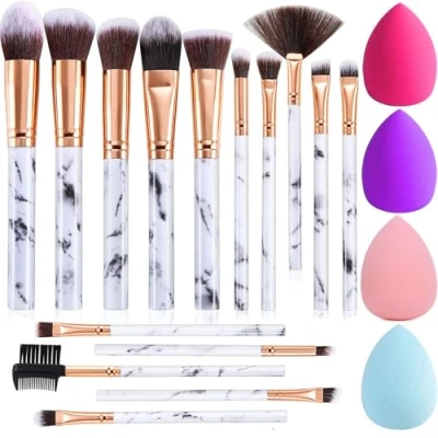 Afbeelding van FILY DUAIU make upkwastenset, 15 stuks, marmer, upkwasten, oogschaduwkwasten, contourfoundation, concealer, met upspons